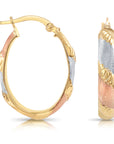 Solid 10K Yellow Gold Tri-Color Oval Hoop Earrings, Italian Style Design, Satin Finish