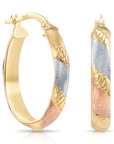 Solid 10K Yellow Gold Tri-Color Oval Hoop Earrings, Italian Style Design, Satin Finish