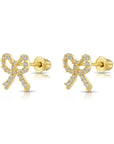 14k Solid Yellow Gold CZ Ribbon Bow Studs, With Screw on Screwbacks