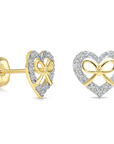 14K Gold Lab Diamond Heart & Bow Stud Earrings With Pushbacks, 0.20ctw