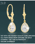 14K Gold Teardrop Earrings, Halo Drop Dangle Earrings With Secure Lever-backs