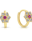 14K Yellow Gold Ruby Birthstone CZ Flower Huggies Hoop Earrings