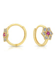 14K Yellow Gold Ruby Birthstone CZ Flower Huggies Hoop Earrings