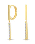 14K Yellow Gold Pave CZ Bar Dangle Drop Earrings, Huggies Hoops, 1 Inch Tall