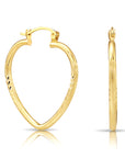 14k Yellow Gold Heart Hoop Earrings, Medium Hoops with Floral Diamond-Cuts 