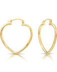 14k Yellow Gold Heart Hoop Earrings, Medium Hoops with Floral Diamond-Cuts 