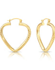 14k Yellow Gold Heart Hoop Earrings, Medium Hoops with Hand Engraved Diamond-Cuts 