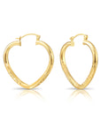 14k Yellow Gold Heart Hoop Earrings, Medium Hoops with Hand Engraved Floral Diamond-Cuts 