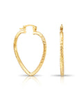 14k Yellow Gold Heart Hoop Earrings, Medium Hoops with Hand Engraved Diamond-Cuts 