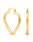 14k Yellow Gold Heart Hoop Earrings, Medium Hoops with Hand Engraved Diamond-Cuts 