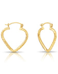 14k Yellow Gold Heart Hoop Earrings, Small Hoops with Hand Engraved Diamond-Cuts 