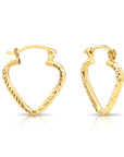 14k Yellow Gold Heart Hoop Earrings, Small Hoops with Engravings, Design 