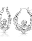 925 Sterling Silver Heart & Crown Claddagh Hoop Earrings