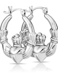 925 Sterling Silver Heart & Crown Claddagh Hoop Earrings