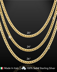 Italian 14k Gold Plated 5mm Cuban Chains with Strong Lobster Lock in Sterling Silver