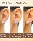 Flower Birthstone Stud Earrings, In 925 Sterling Silver Simulated Birthstone & CZ Studs for Girls, 12 Colors Available