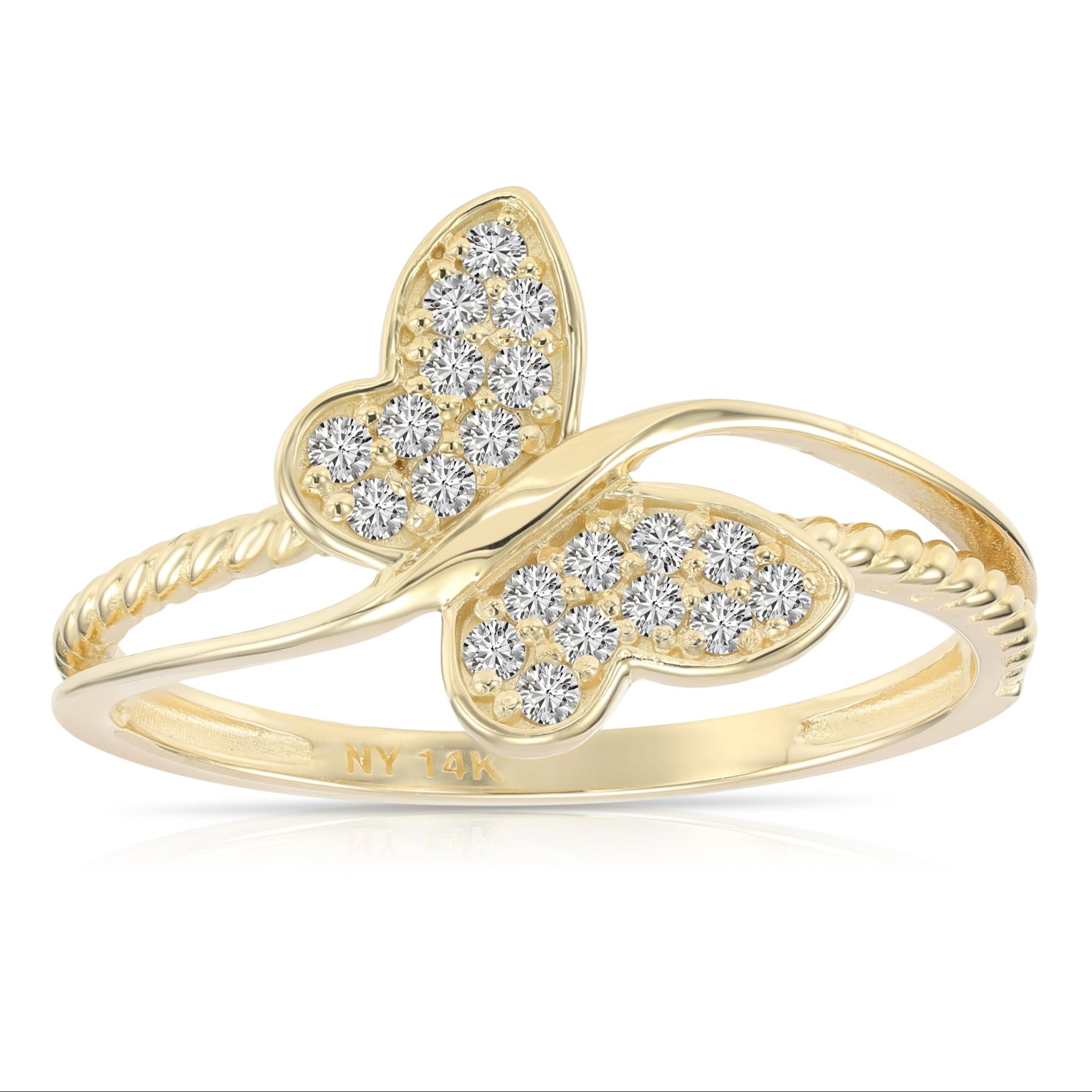 14K Yellow Gold Lab Diamond Butterfly Ring, 0.18ctw