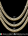 Italian 925 Solid Silver Curb Chain with two-tone Gold Plating, Hand Engraved Diamond-Cuts, Strong Lobster Lock