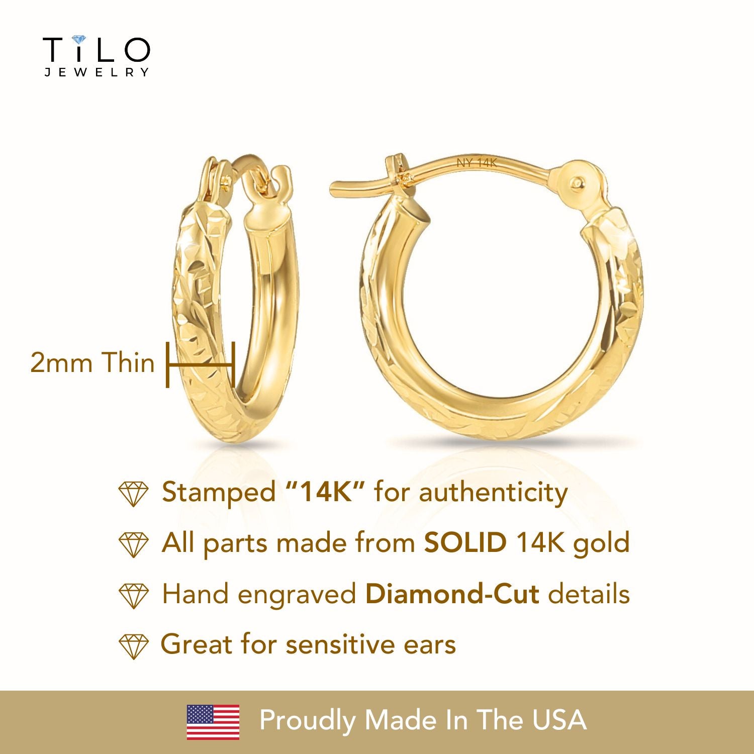 14k Gold Tornado Diamond Cut Hoop Earrings, 0.5 inch