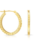 14k Solid Yellow Gold Square Tube Hoop Earrings, Diamond-Cuts Design, 2.2mm Thin