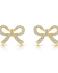 14k Solid Yellow Gold CZ Ribbon Bow Studs, With Screw on Screwbacks