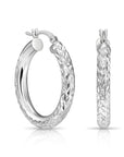 Sterling Silver Diamond-Cut Round Hoop Earrings, Medium Hoop Earrings 28mm, Hand Engraved Design