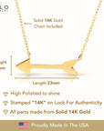 14K Solid Yellow Gold Arrow Pendant, With Adjustable 16"-18" Cable Necklace