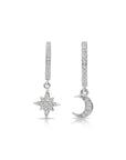 925 Sterling Silver Pave Star + Moon Dangle Drop Earrings, Huggies Hoop Design