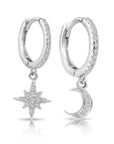 925 Sterling Silver Pave Star + Moon Dangle Drop Earrings, Huggies Hoop Design