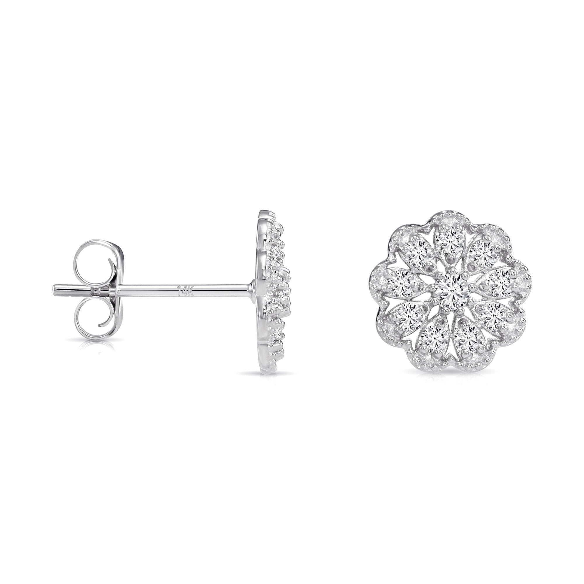 14K Gold Lab Diamond Flower Halo Stud Earrings With Pushbacks, 0.18ctw