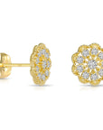 14K Gold Lab Diamond Flower Halo Stud Earrings With Pushbacks, 0.18ctw