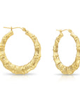 10K Solid Yellow Gold Bamboo Hoop Earrings, Large Statement Hoops