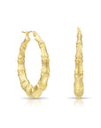 10K Solid Yellow Gold Bamboo Hoop Earrings, Large Statement Hoops