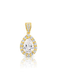 14K Solid Yellow Gold Pear-Cut Halo CZ Pendant, With 18" Cable Chain Necklace