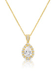 14K Solid Yellow Gold Pear-Cut Halo CZ Pendant, With 18" Cable Chain Necklace