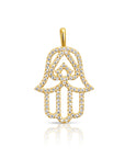 14K Solid Yellow Gold CZ Hamsa Pendant, With 18" Cable Chain Necklace