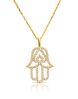 14K Solid Yellow Gold CZ Hamsa Pendant, With 18" Cable Chain Necklace