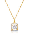 14K Solid Yellow Gold Princess-Cut Halo CZ Pendant, With 18" Cable Chain Necklace