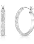 Sterling Silver X-Pattern Diamond-Cut Oval Hoop Earrings, 25 mm