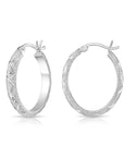 Sterling Silver X-Pattern Diamond-Cut Oval Hoop Earrings, 25 mm