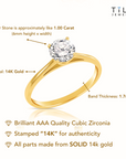 Solid 14k Gold Round CZ Ring, Engagement & Promise Ring, 1 Ct Size