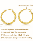 14k Yellow Gold Twisted Round Hoop Earrings with Hand Engraved Design