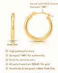 14k Yellow Gold Classic Hoop Earrings, 2mm