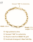 14K Yellow Gold Paperclip Bracelet, 7.5 Inches