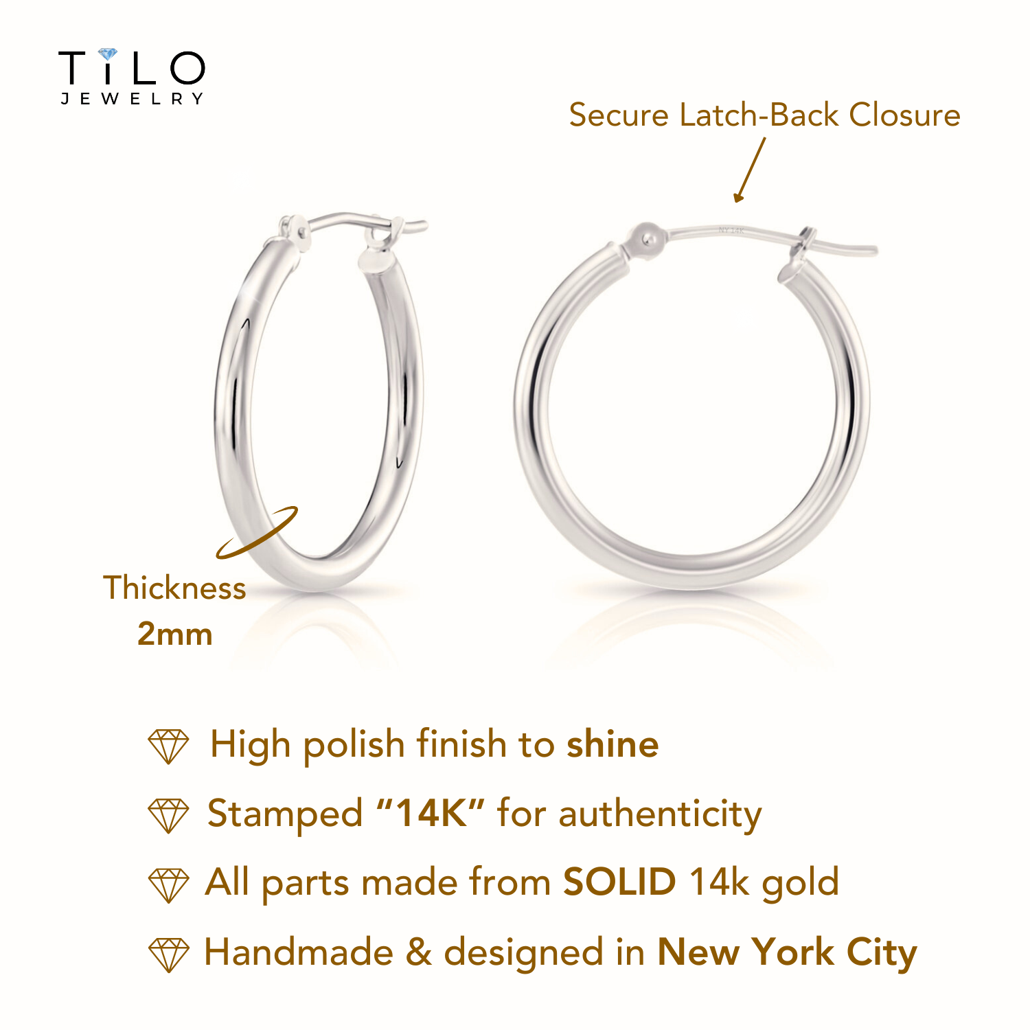 14k White Gold Classic Hoop Earrings, 2mm