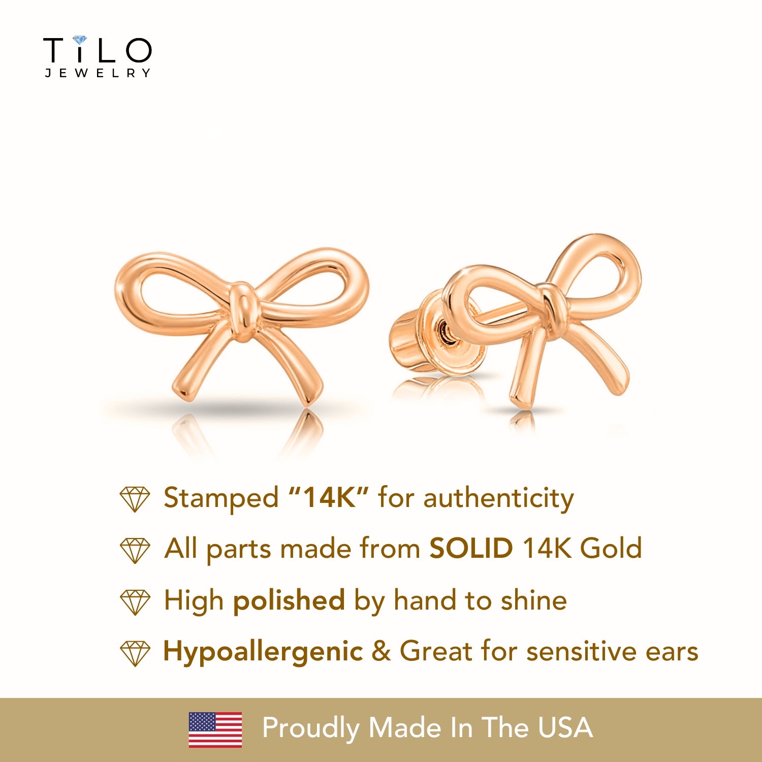 14K Solid Rose Gold Ribbon Bow Stud Earrings, With Secure Screw-Backs