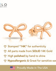 14K Solid Rose Gold Ribbon Bow Stud Earrings, With Secure Screw-Backs