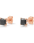 14K Gold Black Onyx Square CZ Studs, Princess-Cut Earrings With Push-Backs