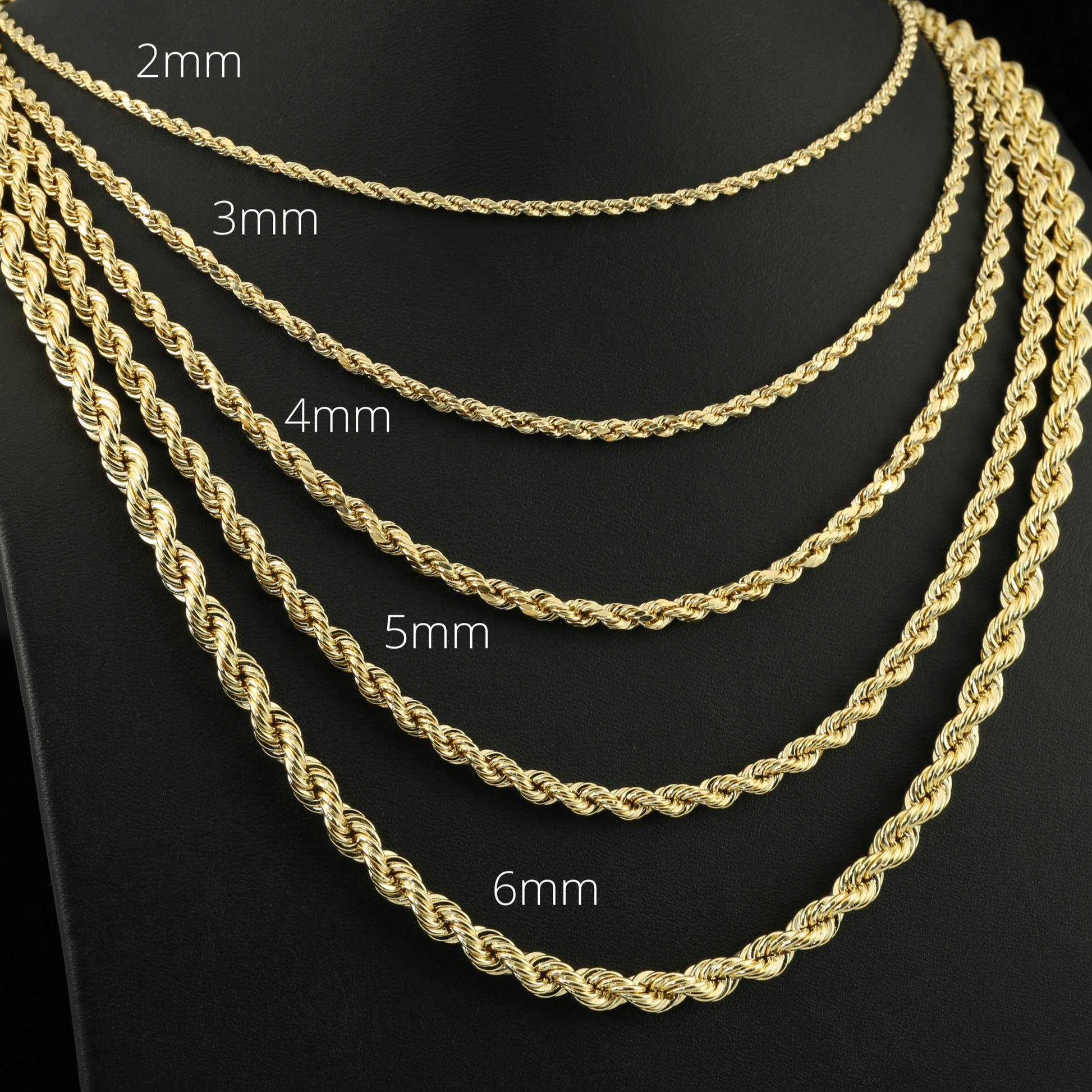 Stainless Steel Gold Plated Rope Chain Necklace 4mm Size 16 to 26