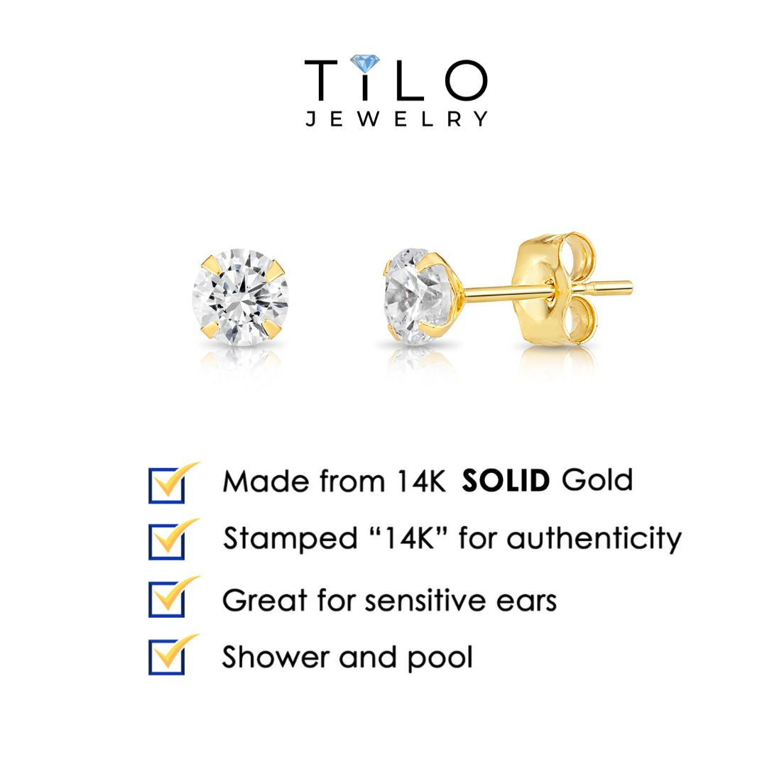 14K Yellow Gold And White Gold Stamping Zirconia Stud Earrings